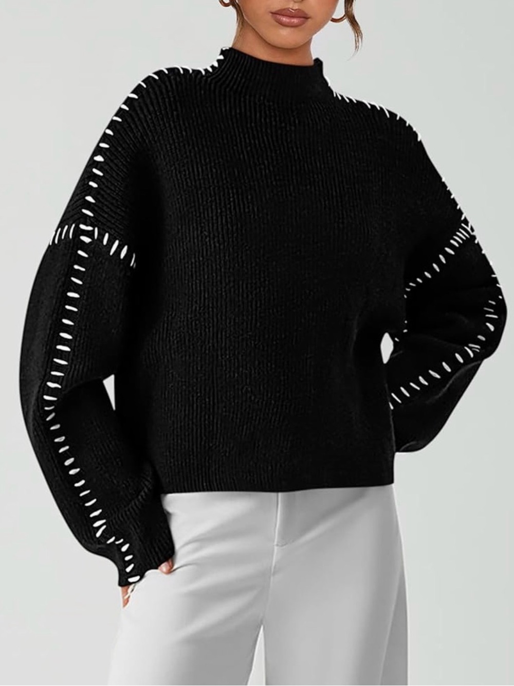 Black Mock Neck Sweater with Contrast Stitch Detailing